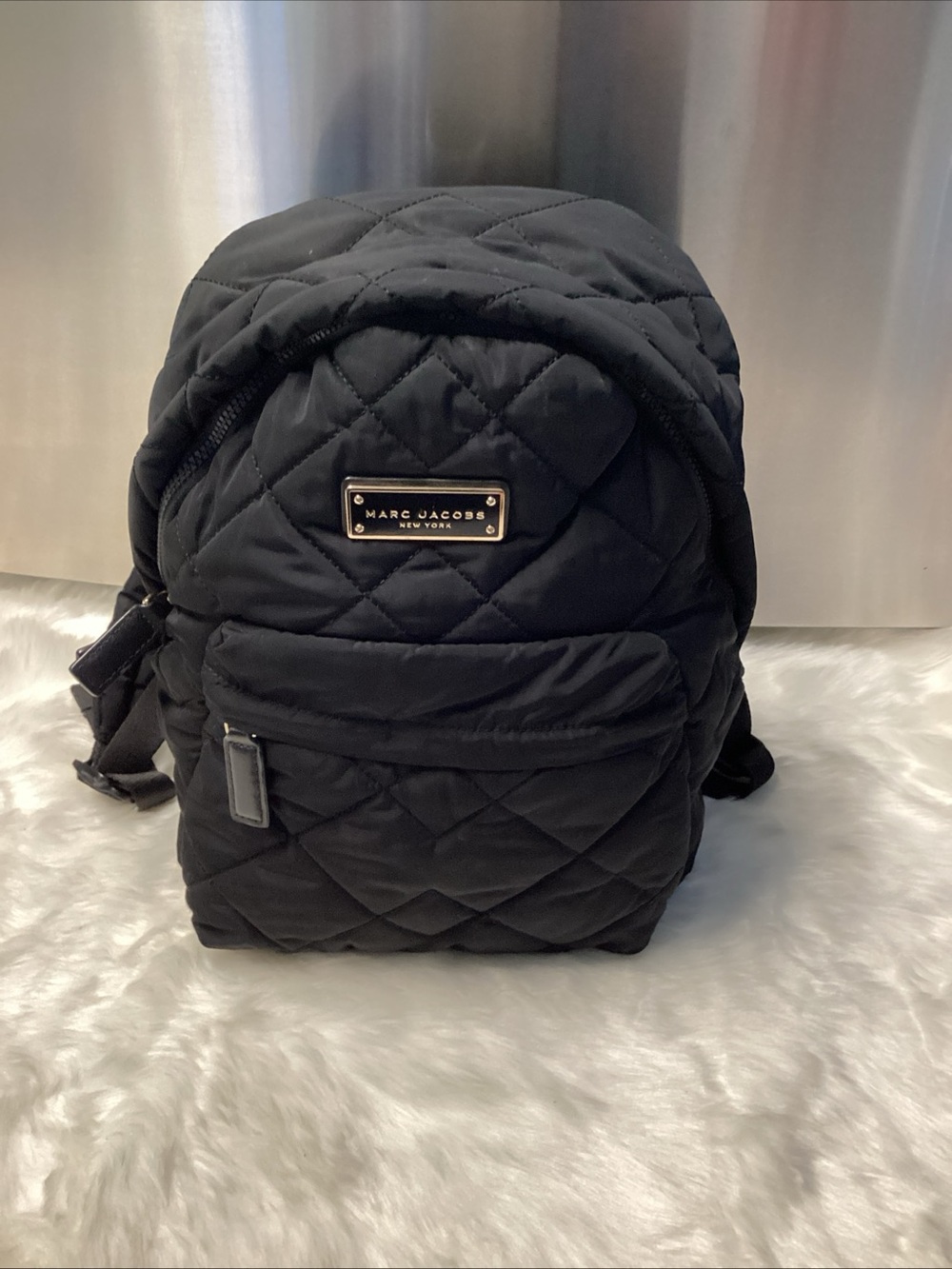 Marc Jacobs Black Quilted Mini Backpack with Gold Plaque